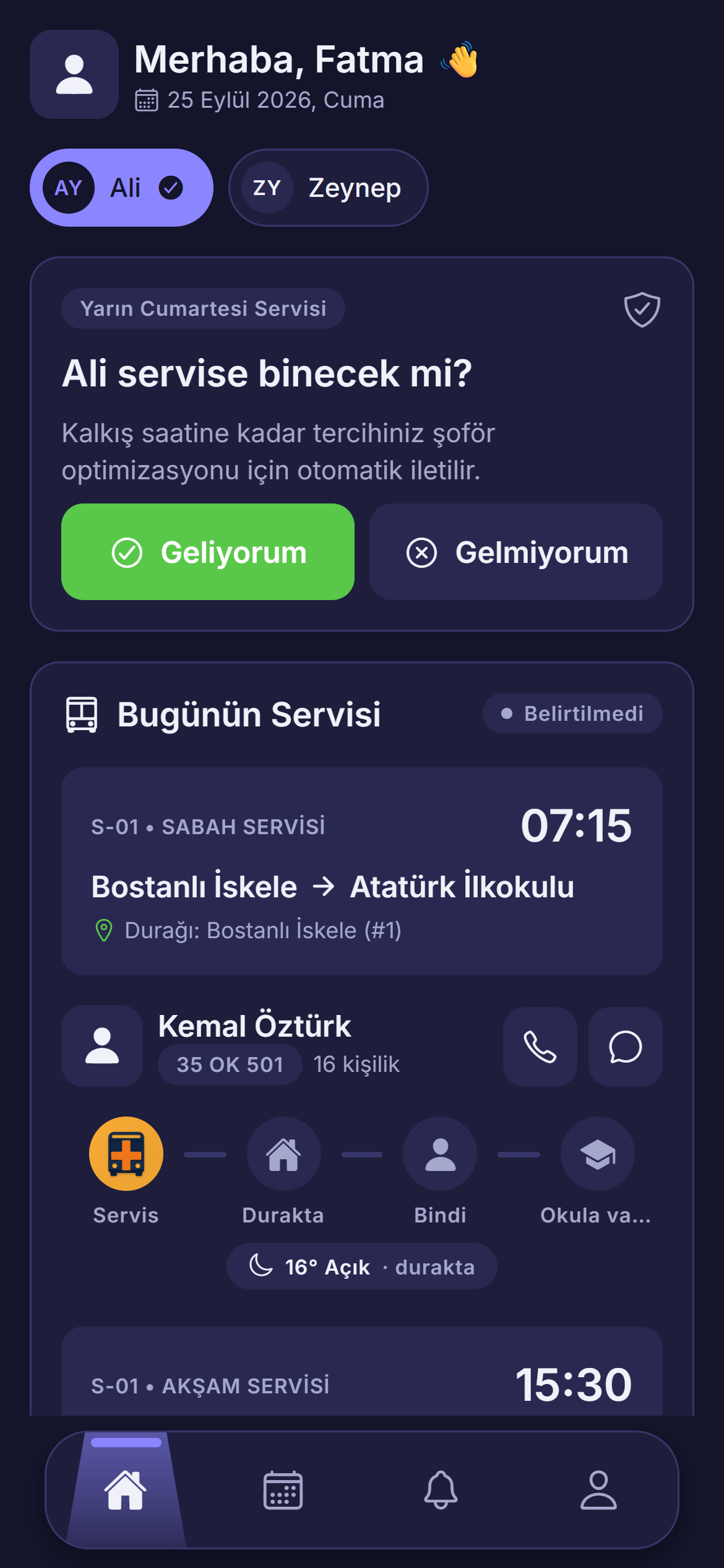 Veli uygulaması ana ekranı