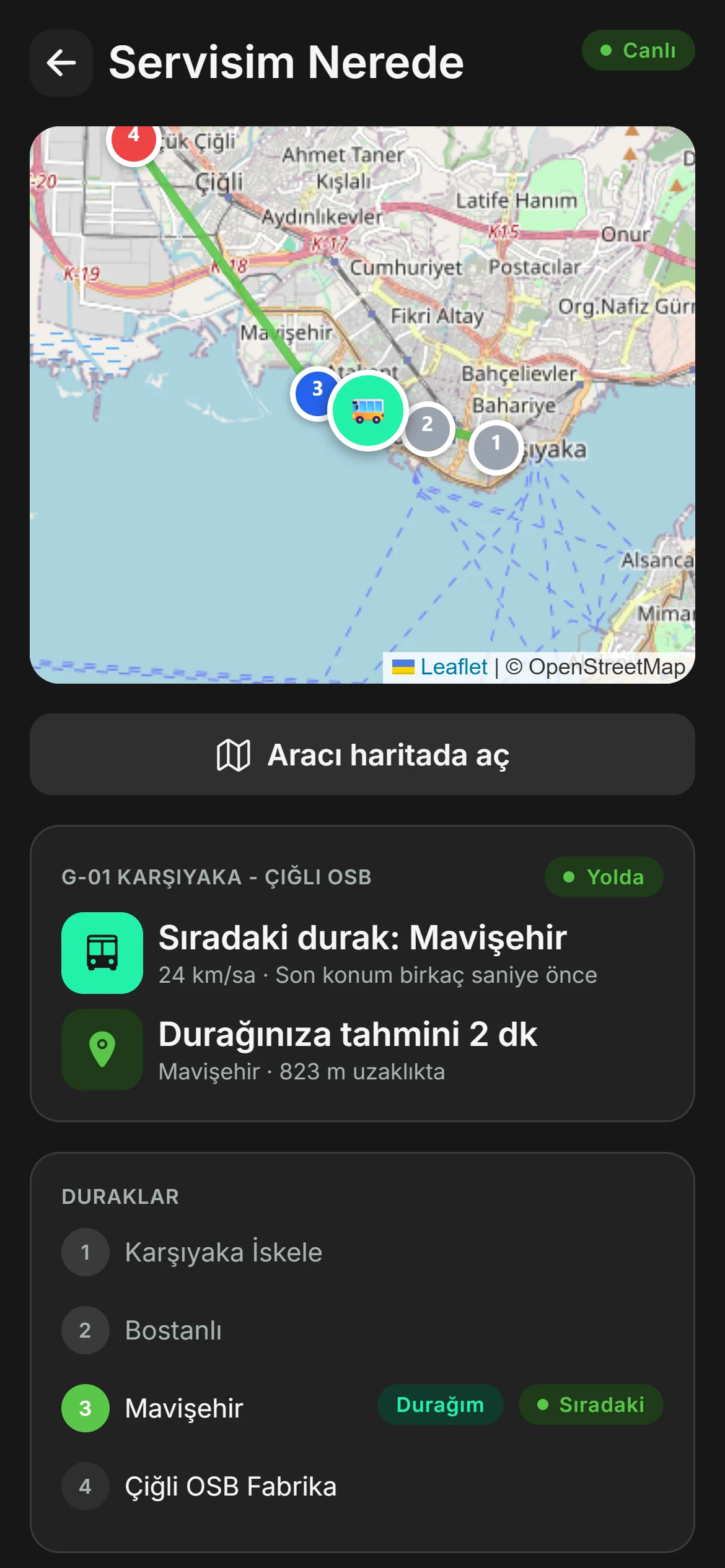 Çalışan uygulamasında Servisim Nerede ekranı